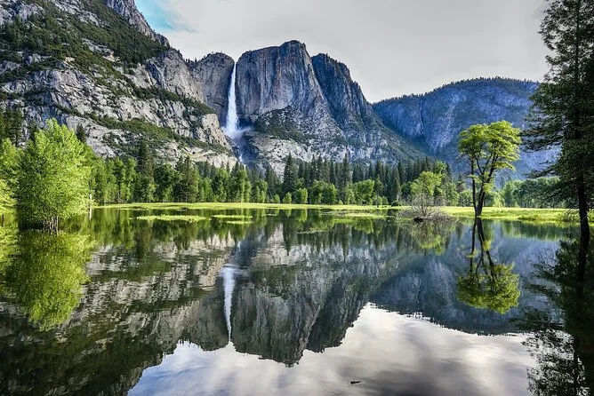 Yosemite Falls reflejada en una charca tranquila de una pradera del valle
