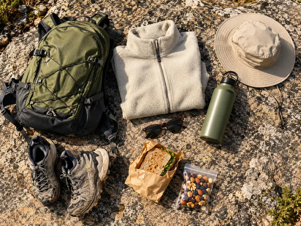 Un sac à dos, une polaire, un chapeau, une gourde, des chaussures de marche et un pique-nique posés sur du granite